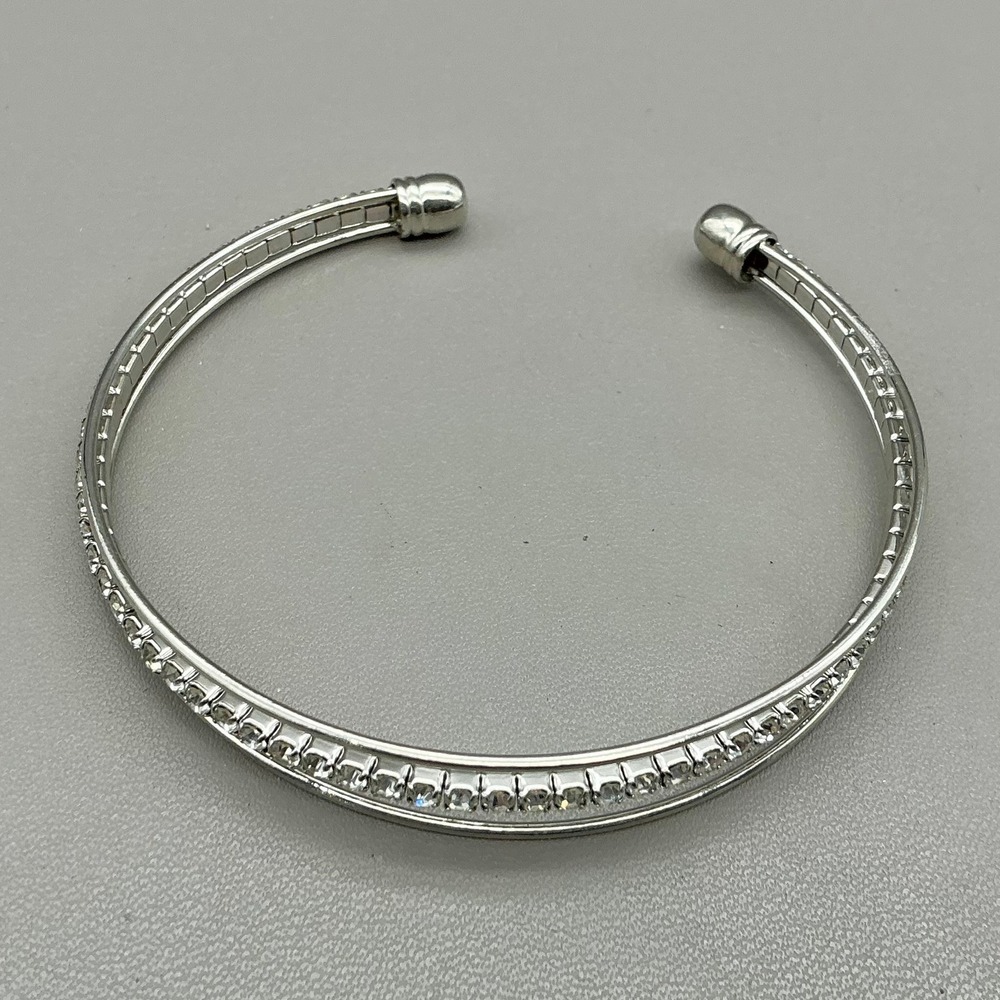Bracelet Silver Tone Open Cuff Clear Rhinestone Double Row Sparkle Bangle 6.5"